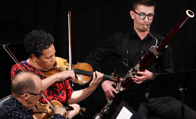 Donald Armstrong and Wilma Smith (violins) with Todd Gibson-Cornish (bassoon) playing Anthony Ritchie’s Farewell