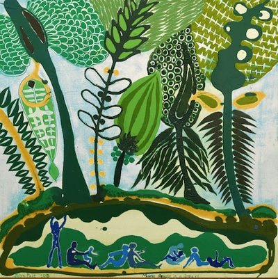 Bright green painting: 'Many people in a dream' by John Pule