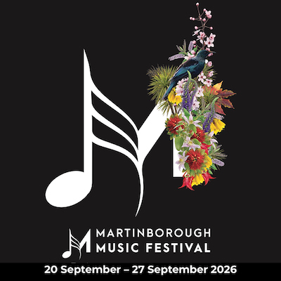 Logo for the 2026 Festival showing a big M with NZ flowers and a tui